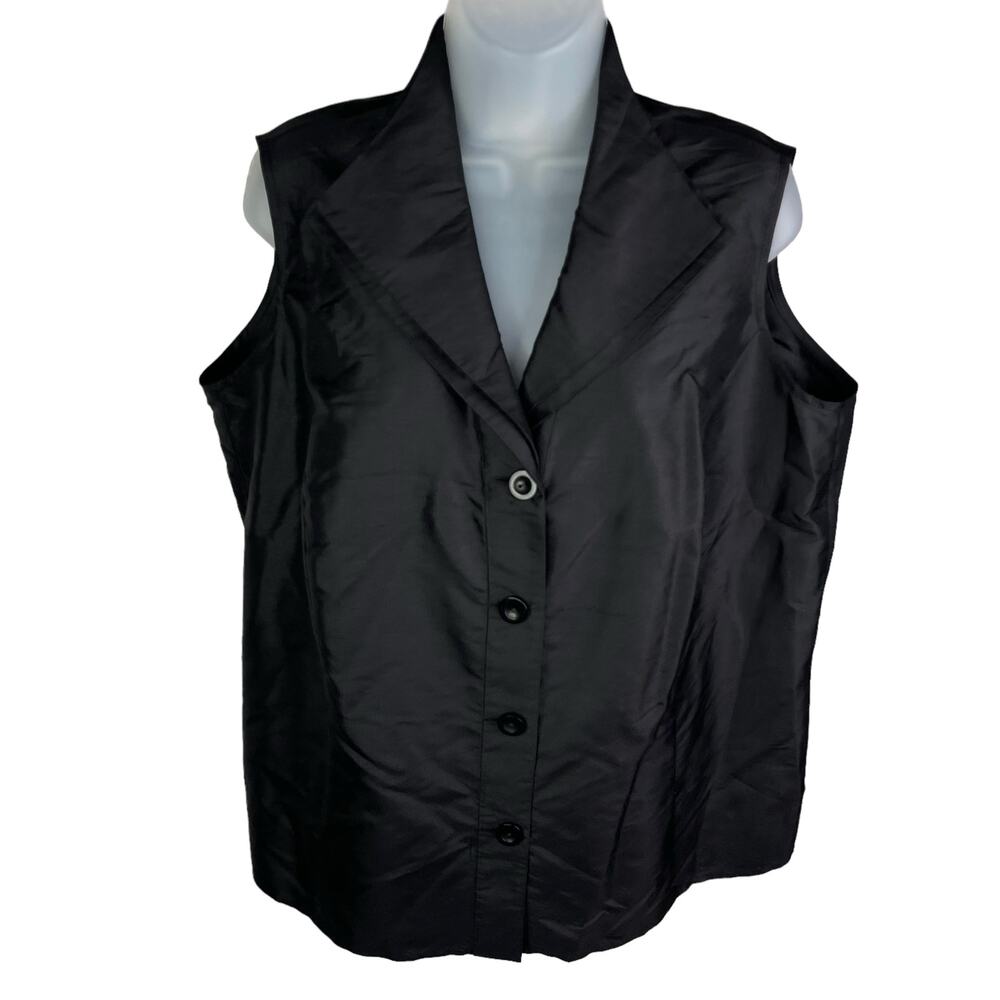 NWT Talbots Petite Woman 14W Pure Silk Black Dress Vest Collared Button Up